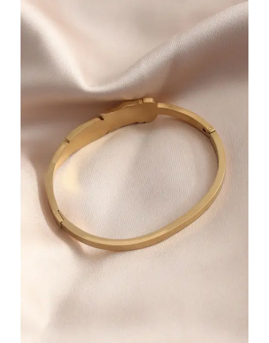 Gold Renk Yaprak Model Zirkon Taş Detay Kelepçe Kadın Bileklik