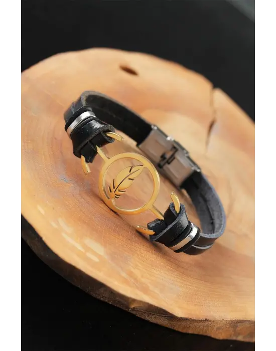 Gold Renk Yapraklı Metal Aksesuarlı Siyah Deri Erkek Bileklik