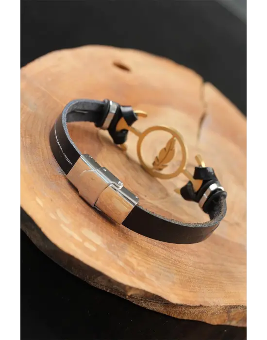 Gold Renk Yapraklı Metal Aksesuarlı Siyah Deri Erkek Bileklik