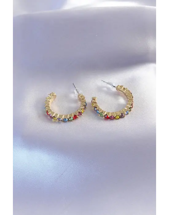 Gold Renk Yarım Halka Model Renkli Kristal Taşlı Kadın Küpe
