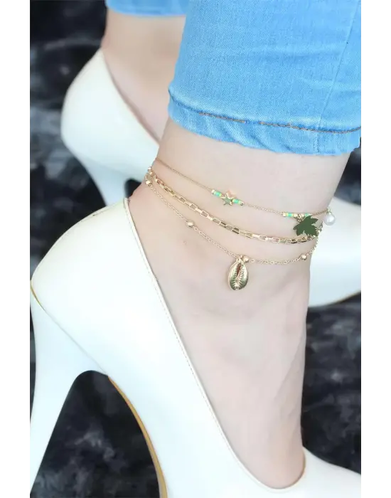 Gold Renk Yeşil Boncuklu Çoklu Halhal