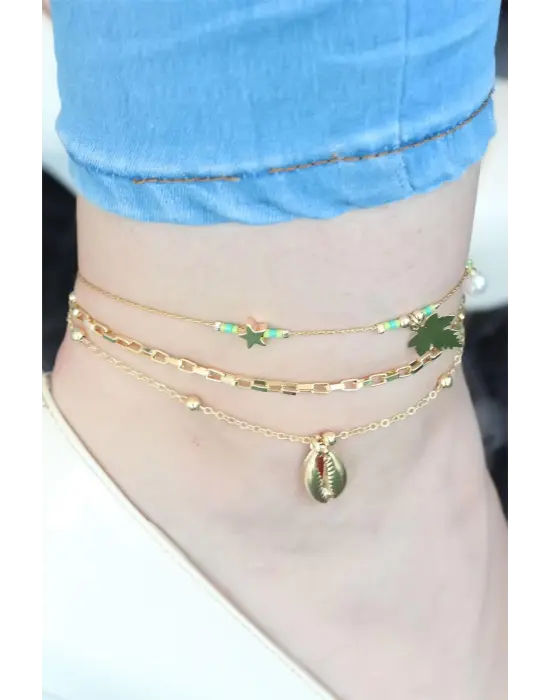 Gold Renk Yeşil Boncuklu Çoklu Halhal