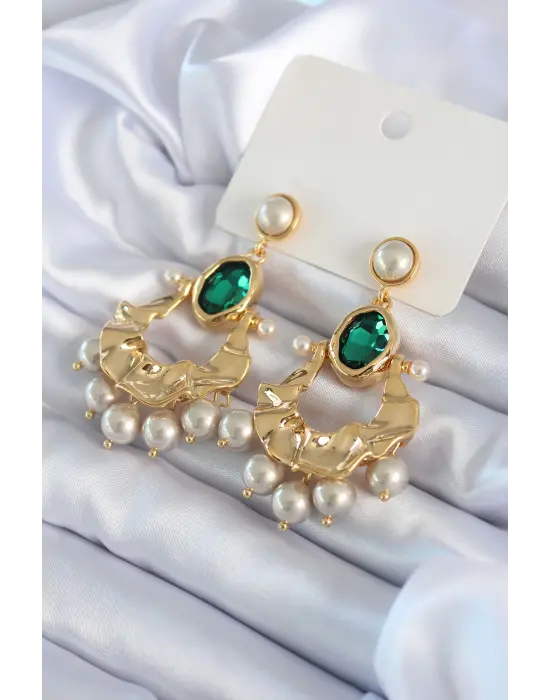 Altın Yeşil Kristal Taş Model İnci Detay Sallantı Detay  VİP Çelik Küpe