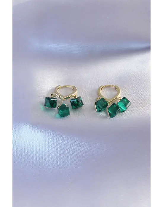 Gold Renk Yeşil Kristal Taşlı Kadın Küpe