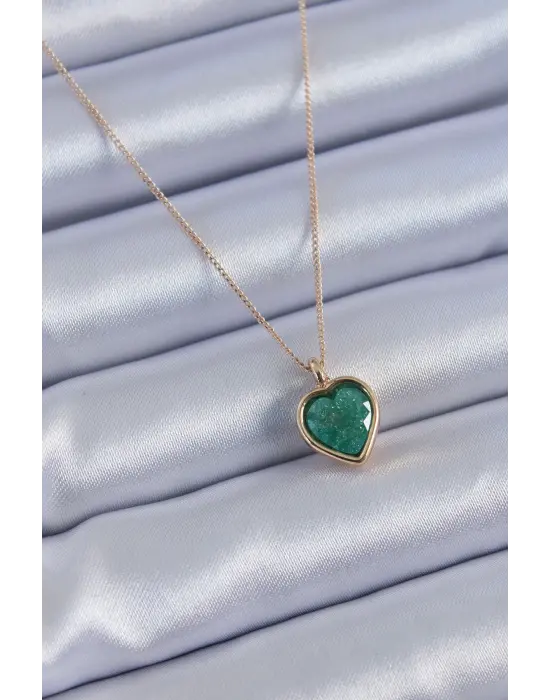 Gold Renk Yeşil Simli Kalp Model Kadın Kolye