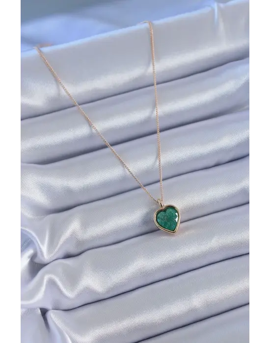 Gold Renk Yeşil Simli Kalp Model Kadın Kolye