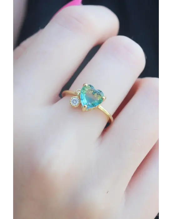 Gold Renk Yeşil Zirkon Taş Kalp Model Pirinç Kadın Yüzük