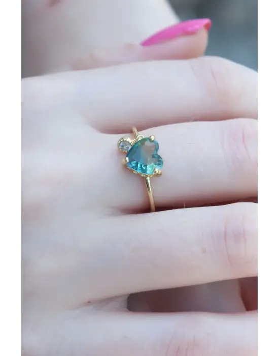 Gold Renk Yeşil Zirkon Taş Kalp Model Pirinç Kadın Yüzük