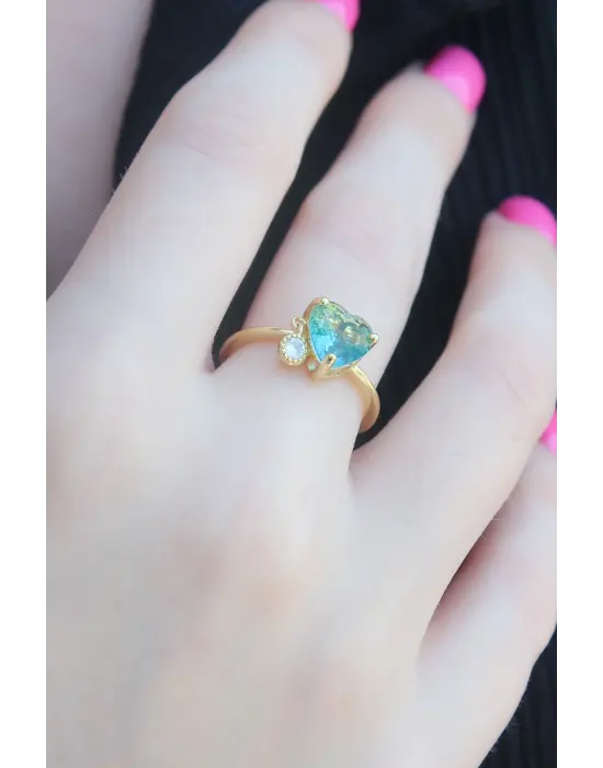 Gold Renk Yeşil Zirkon Taş Kalp Model Pirinç Kadın Yüzük