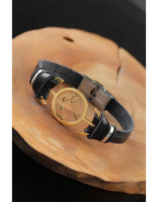 Gold Renk Yıldızlı Metal Aksesuarlı Siyah Deri Erkek Bileklik