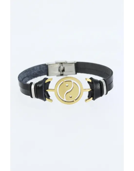 Gold Renk Yin Yang Figürlü Metal Aksesuarlı Siyah Renk Deri Erkek Bileklik