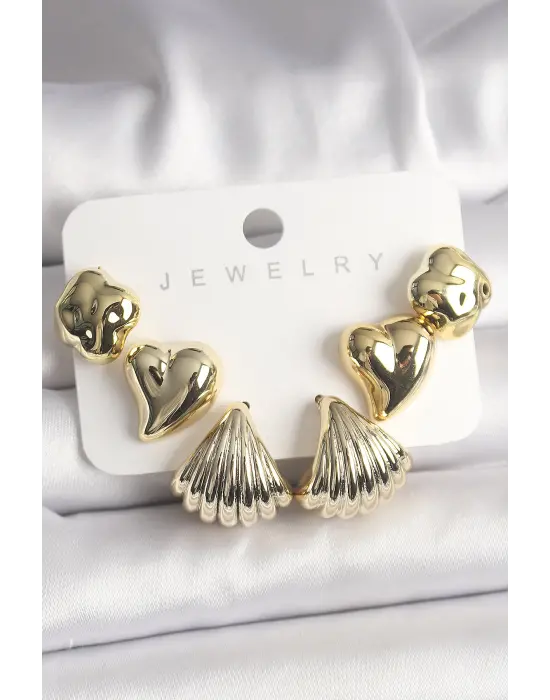 Altın Yonca Kalp Deniz Kabuğu Figür CCB Çelik Küpe Seti