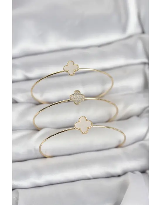 Gold Renk Yonca Model Zirkon Taşlı 3lü Kadın Bileklik Kombini