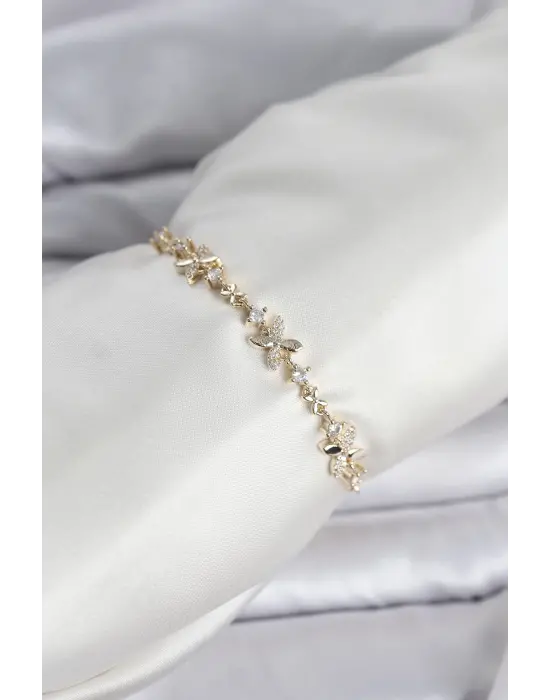 Gold Renk Yonca Model Zirkon Taşlı Asansörlü Kadın Bileklik