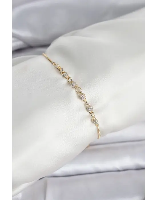 Gold Renk Zincir Model Zirkon Taşlı Pirinç Asansörlü Kadın Bileklik
