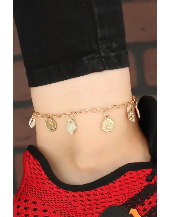 Gold Renk Zincirli Deniz Kabuğu ve Madalyon Aksesuarlı Hal Hal