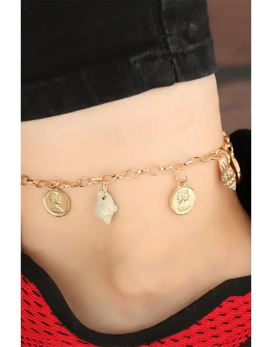 Gold Renk Zincirli Deniz Kabuğu ve Madalyon Aksesuarlı Hal Hal