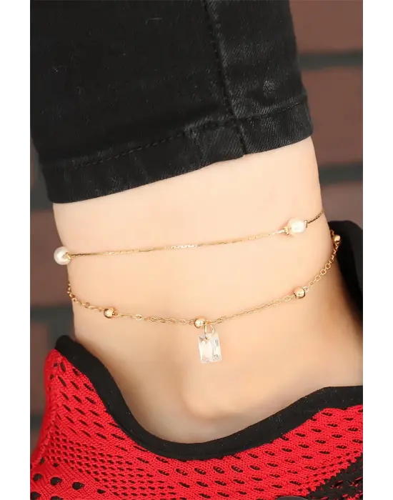 Gold Renk Zincirli Kare Taş Aksesuarlı Hal Hal