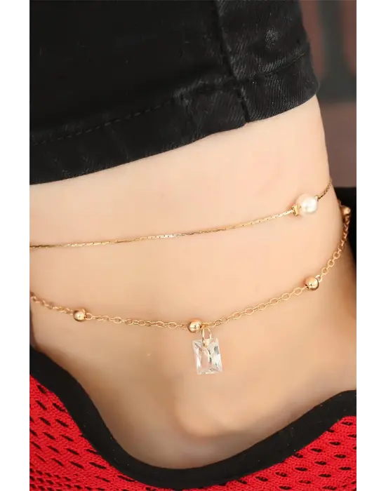 Gold Renk Zincirli Kare Taş Aksesuarlı Hal Hal