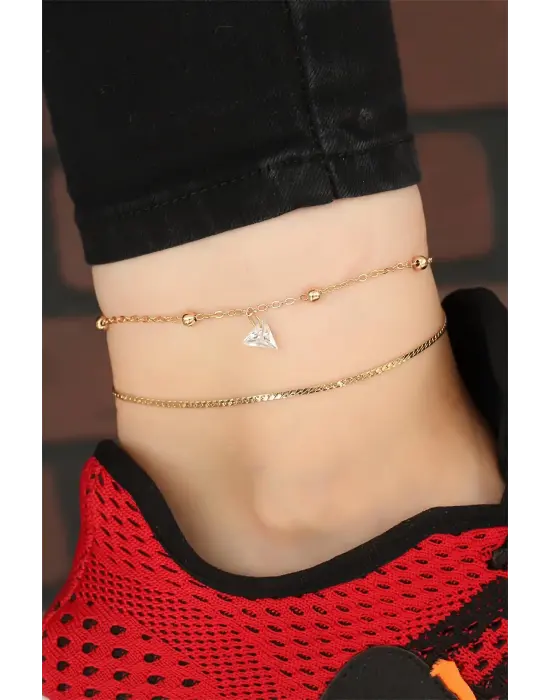 Gold Renk Zincirli Üçgen Taş Aksesuarlı Hal Hal