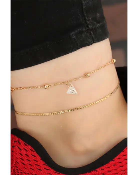 Gold Renk Zincirli Üçgen Taş Aksesuarlı Hal Hal