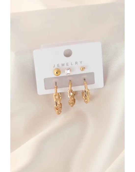 Gold Renk Zirkon Taş Detay Halka Kadın Küpe Seti