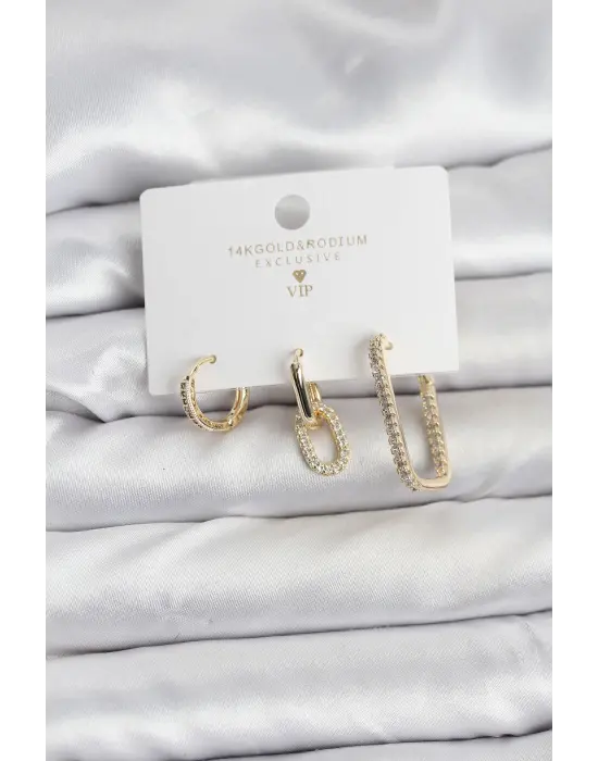 Gold Renk Zirkon Taşlı 3lü Kadın Küpe Seti