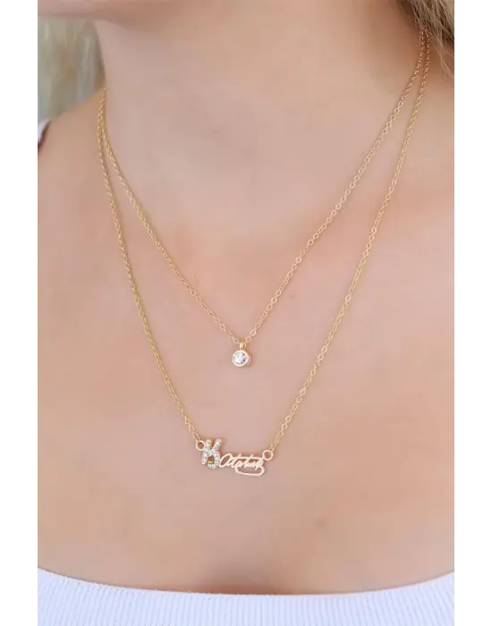 Gold Renk Zirkon Taşlı Atatürk İmzalı Bayan Kolye