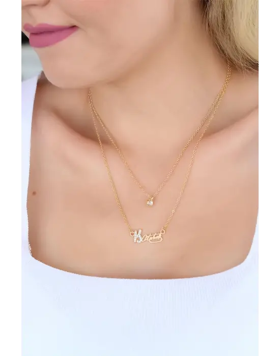 Gold Renk Zirkon Taşlı Atatürk İmzalı Bayan Kolye