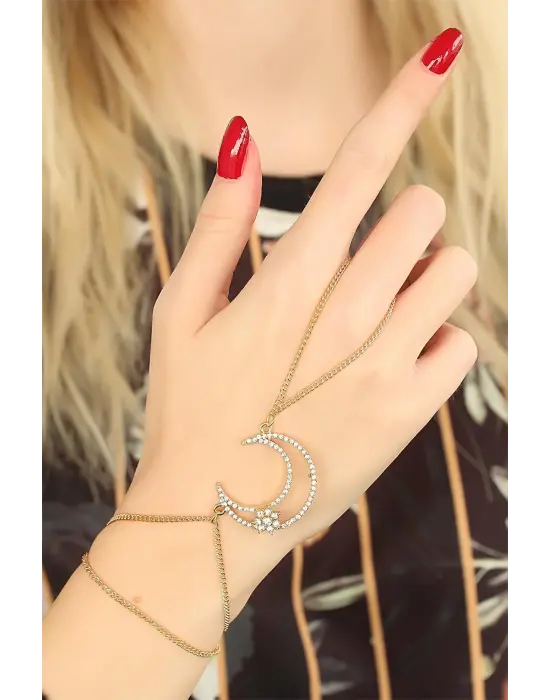 Gold Renk Zirkon Taşlı Ay Tasarım Şahmeran Bileklik