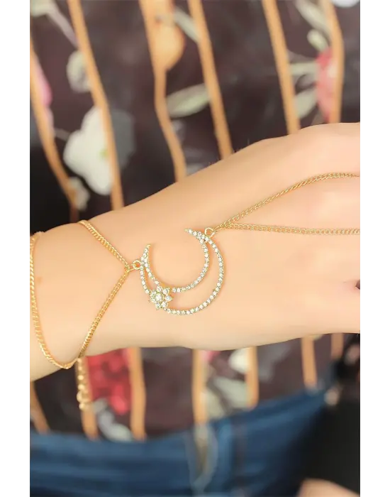 Gold Renk Zirkon Taşlı Ay Tasarım Şahmeran Bileklik