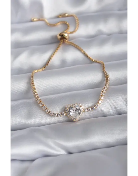 Gold Renk Zirkon Taşlı Charm Kadın Asansörlü Bileklik