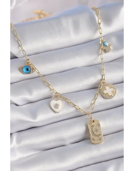 Altın  Zirkon Taşlı Çoklu Figür Model Şans Çelik Kolyesi