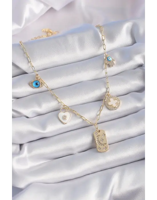 Altın  Zirkon Taşlı Çoklu Figür Model Şans Çelik Kolyesi