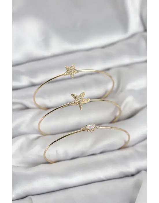 Gold Renk Zirkon Taşlı Deniz Yıldızı Model 3lü Kadın Bileklik Kombini