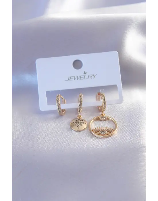 Gold Renk Zirkon Taşlı Göz Figür Kadın Küpe