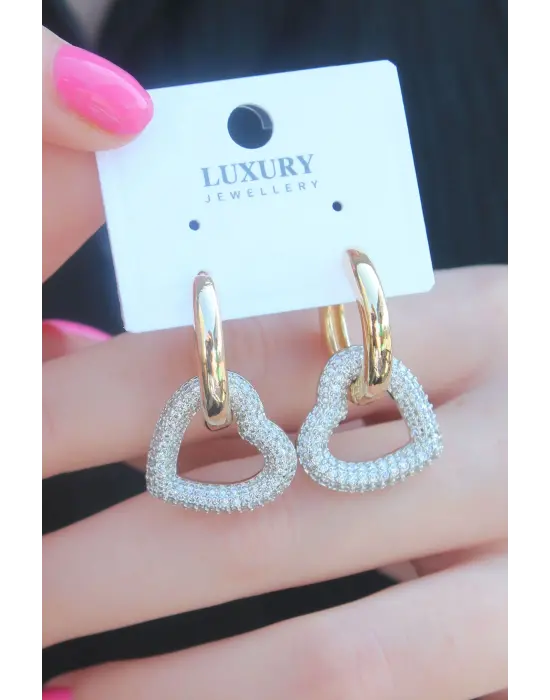 Gold Renk Zirkon Taşlı Halka Kalp Model Pirinç Kadın Küpe