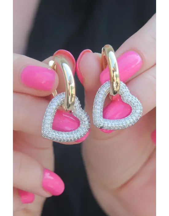 Gold Renk Zirkon Taşlı Halka Kalp Model Pirinç Kadın Küpe