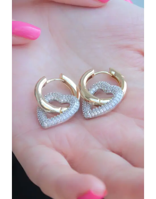 Gold Renk Zirkon Taşlı Halka Kalp Model Pirinç Kadın Küpe