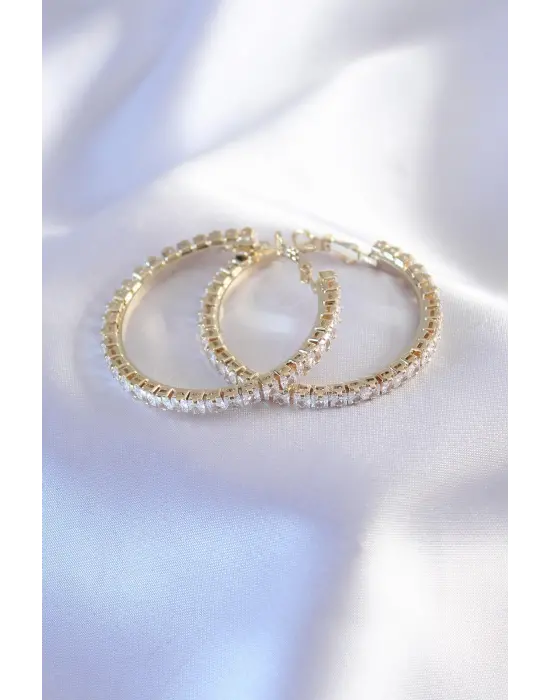 Gold Renk Zirkon Taşlı Halka Model Kadın Küpe