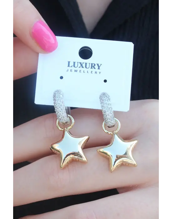 Gold Renk Zirkon Taşlı Halka Yıldız Figür Pirinç Kadın Küpe