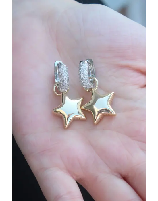 Gold Renk Zirkon Taşlı Halka Yıldız Figür Pirinç Kadın Küpe