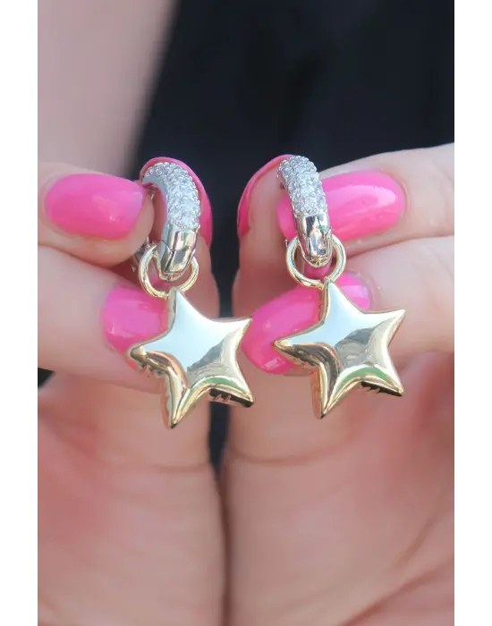 Gold Renk Zirkon Taşlı Halka Yıldız Figür Pirinç Kadın Küpe