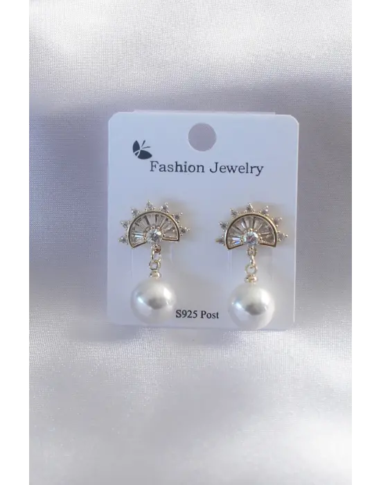 Gold Renk Zirkon Taşlı İnci Sallantı Model Kadın Küpe