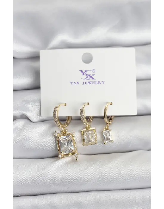 Üçlü Kare Baget Altın Renk Zirkon Taşlı Kadın Küpesi