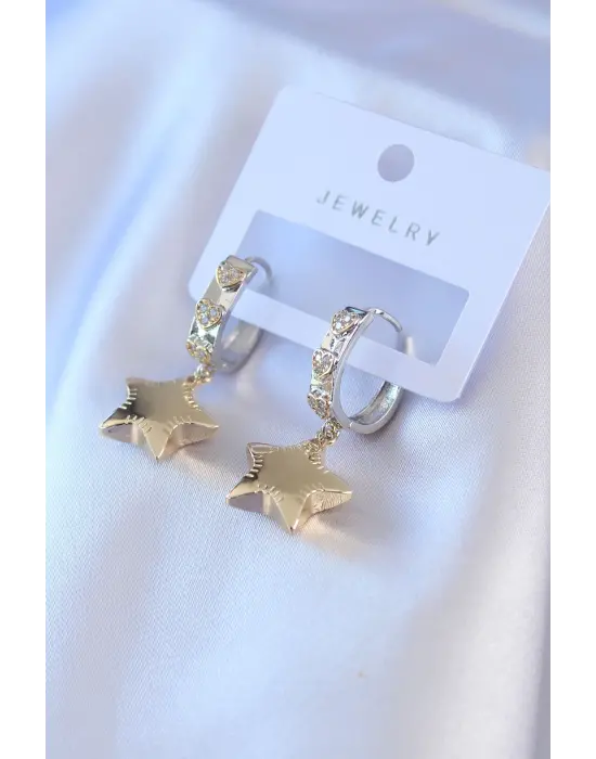 Altın Zirkon Taşlı Kalp Detay Halka Model Sallantı Yıldız Figür  Çelik Küpe