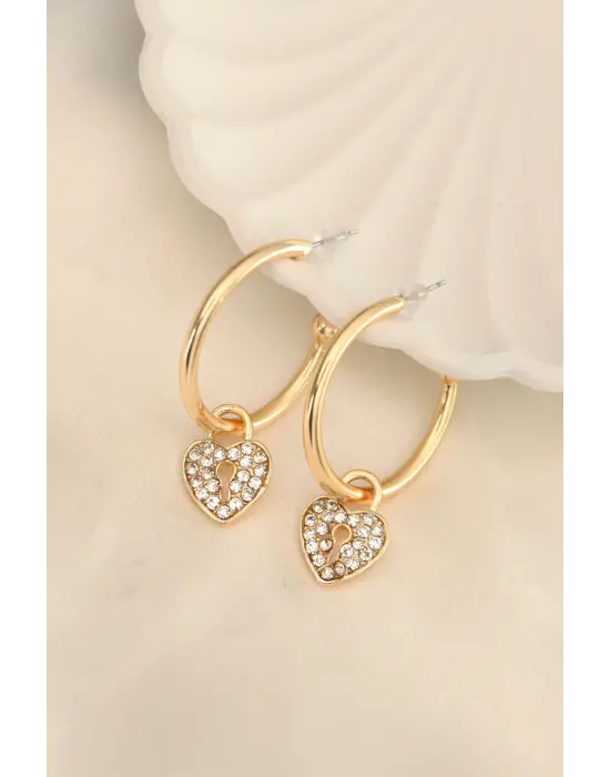 Gold Renk Zirkon Taşlı Kalp Figürlü Halka Küpe