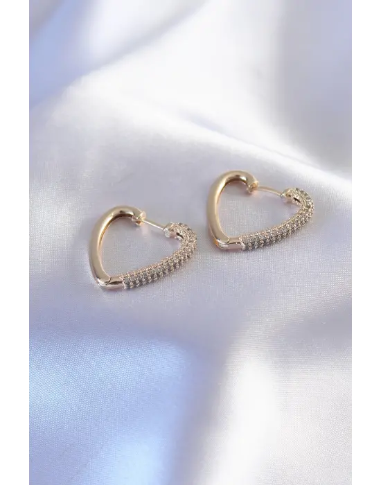 Altın Zirkon Taşlı Kalp Model Çelik Küpe