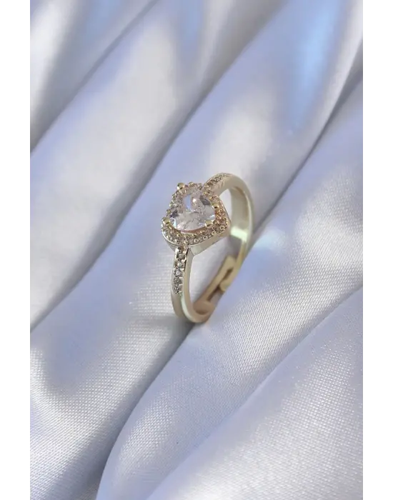 Altın Zirkon Taşlı Kalp Model  Charm Çelik Yüzük