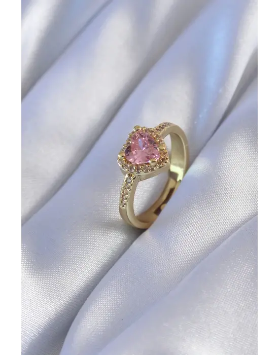 Altın Zirkon Taşlı Kalp Model  Charm Çelik Yüzük